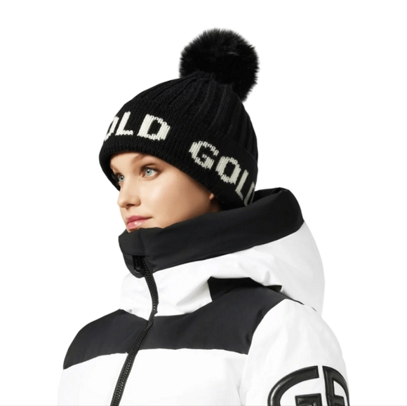 Goldbergh Hodd Faux Fur Beanie Black Cream White - Picture 2 of 12